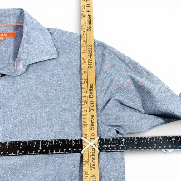 Tallia Men M Chambray Button Down Shirt Blue Subtle Gold Metallic 15.5 34/35 Mod - Picture 10 of 14